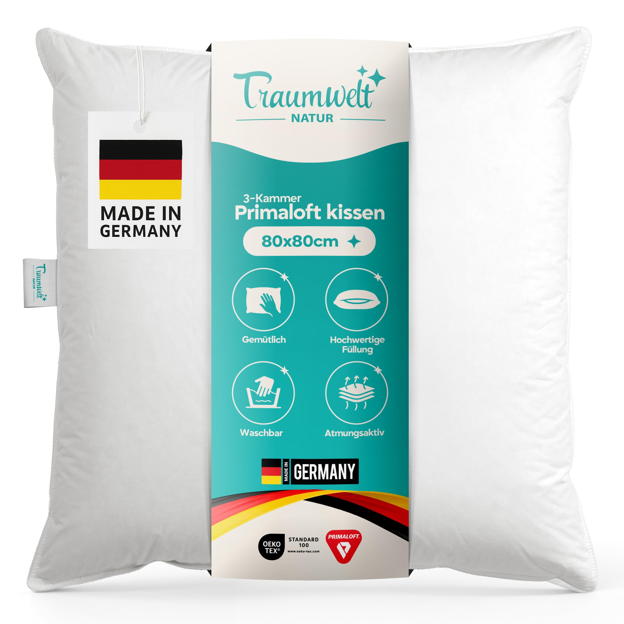 Made in Germany Kopfkissen 80x80 cm, mit Primaloft Bio Mikrofasern-Füllung, weiß, Füllgewicht: 1500g. Allergiker geeignet, Öko-Tex 100, biologisch abbaubar, Klimaneutral