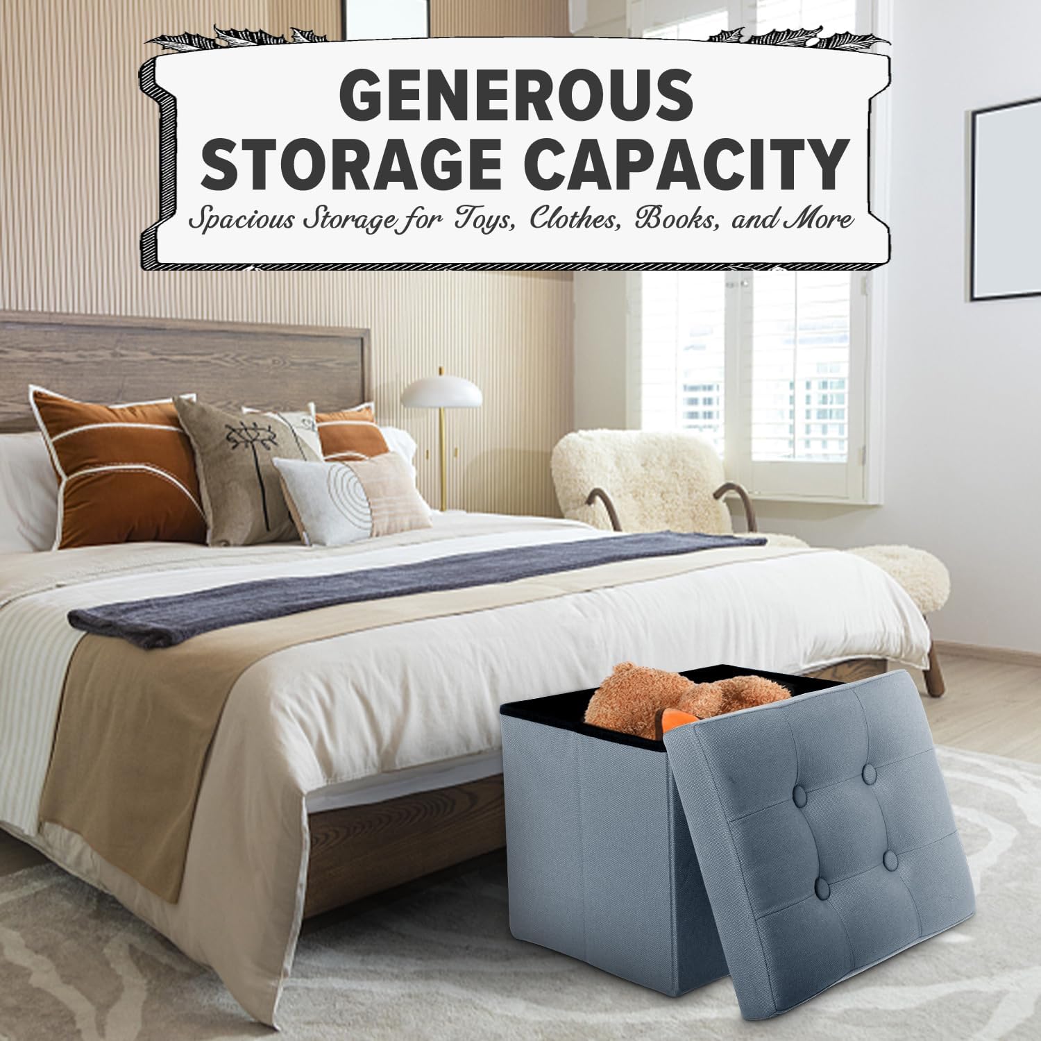 LINMAGCO Storage Ottoman Folding Foot Stool Ottoman with Side Pocket Modern Short Sofa Stool Linen Cloth 17x13x13(FogBlue)