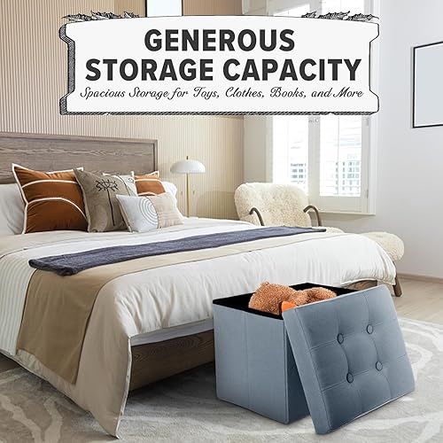 Miniatura 6 de LINMAGCO Taburete otomano plegable con bolsillo lateral, moderno, corto, sofá, tela de lino, 17 x 13 x 13 x 13 (color azul niebla) azul (Fog