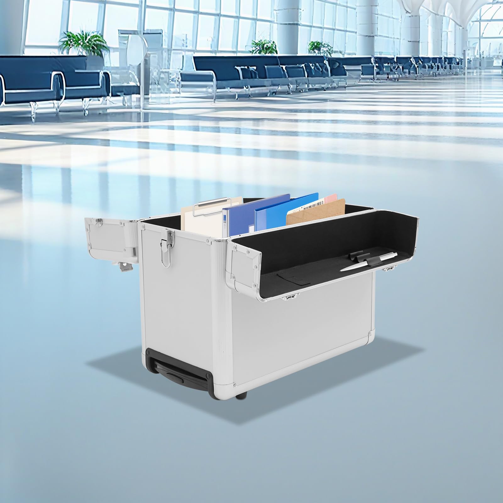 Pilotenkoffer mit Rollen,Rollbarer Aktenkoffer,Abschließbarer Aktenkoffer,Rollkoffer mit Teleskopgriff,für 15.6" Notebooks,Aktentasche für Geschäftsreisen(Silber)