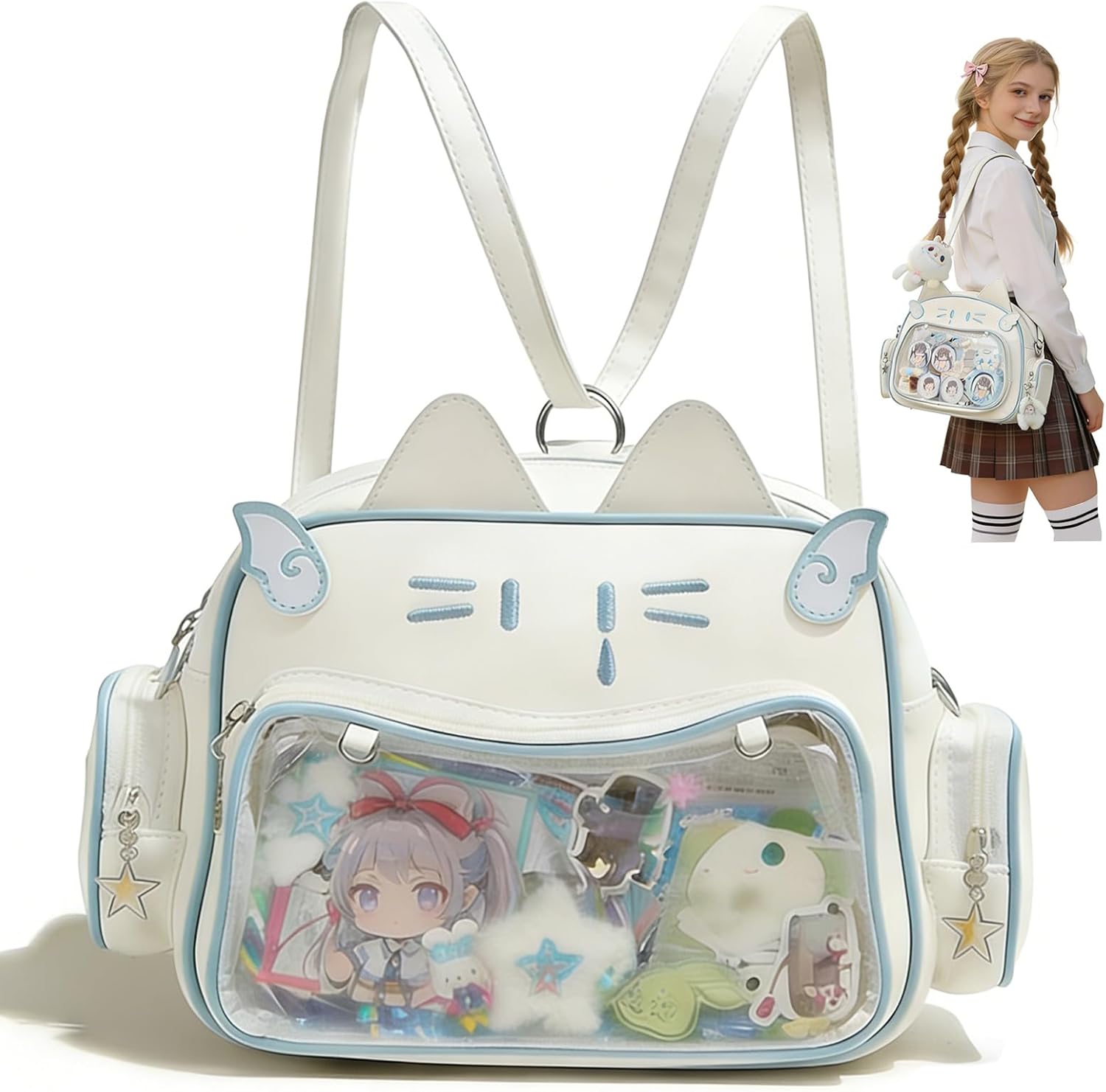 Ita Bag Cat Edition, Clear Panel Backpack for Pin & Badge Display, Vegan Leather Preppy Style, Y2K Kawaii Convertible Shoulder, Hand-Carry Tote