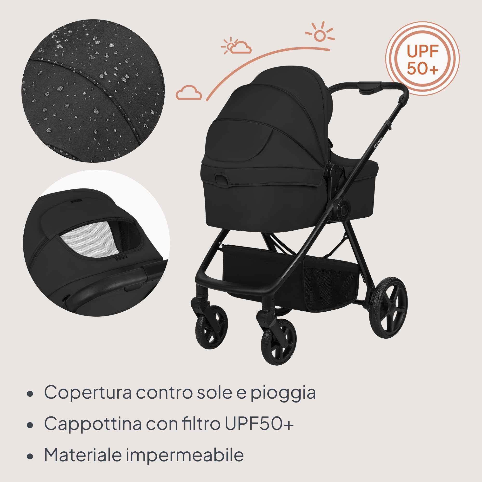 Lionelo Greet Passeggino Trio 3 in 1 per bambini 0-4 anni / 0-22 kg Leggero | Sistema Modulare con Seggiolino Auto,Ampia Navicella,Seduta Reversibile,Telaio,Sospensioni,Posizione Reclinata,UPF50+