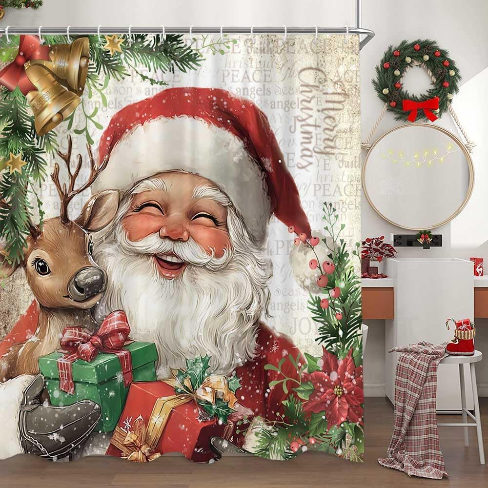 Christmas Shower Curtain, Vintage Xmas Santa Claus Cute Reindeer Winter Holiday Shower Curtain for Bathroom, Retro Merry Christmas Bathroom Accessories Set with 12PCS Hooks, 70X70