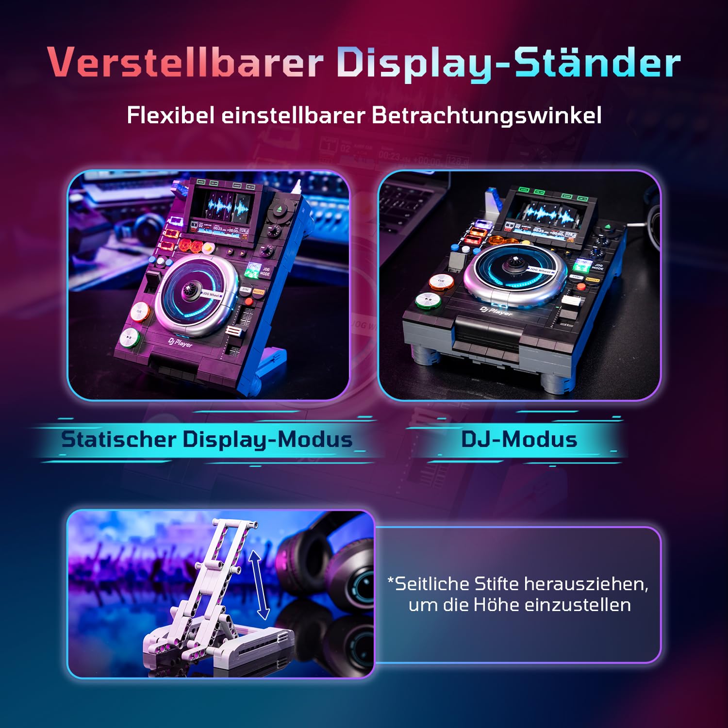 PANTASY DJ Plattenspieler Klemmbausteine Set, Vintage DJ Deck Baustein Modell zum Bauen, Retro Musikstudio Display mit Verstellbarem Ständer, Kreativer Sammler Bausatz für Erwachsene