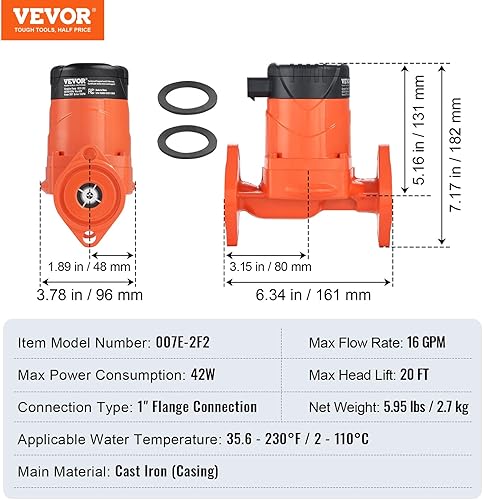 Miniatura 7 de VEVOR 007E-2F2 Bomba de recirculación de agua caliente, 110 V, 42 W 16 GPM, bomba circuladora de alta eficiencia EMC, bomba de circulación