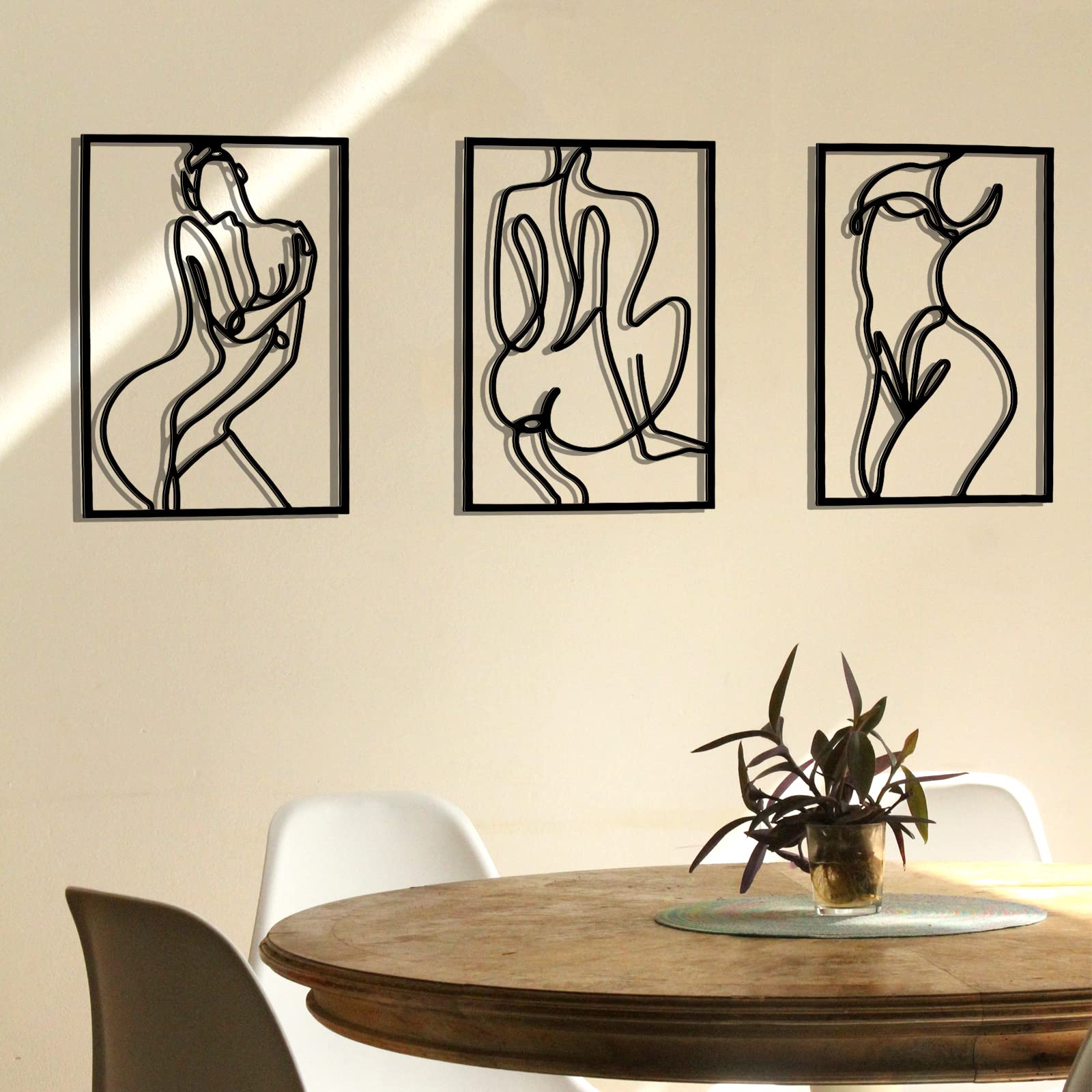 Hananona3 Pcs Wall Sculptures Black Wall Decor, Thick Real Metal Female Boby Shaped Single Line Minimalist Wall Art, Metal Wall Art Decor, Modern Abstract Female Body Single Line