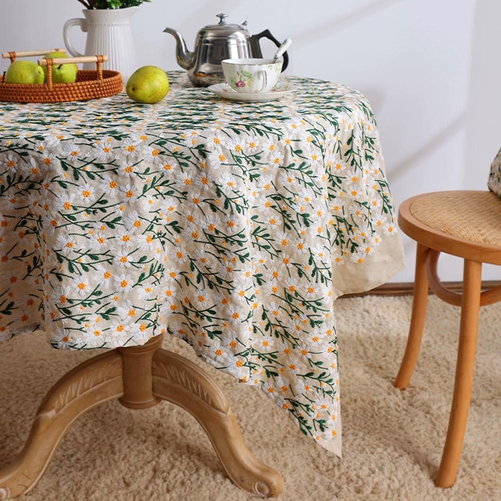 3D Daisy Embroidery Cotton Linen Fabric by The Yard for Sewing DIY Clothes Dress Tablecloth Bag Cushion (Beige,47.2" x 78.7")