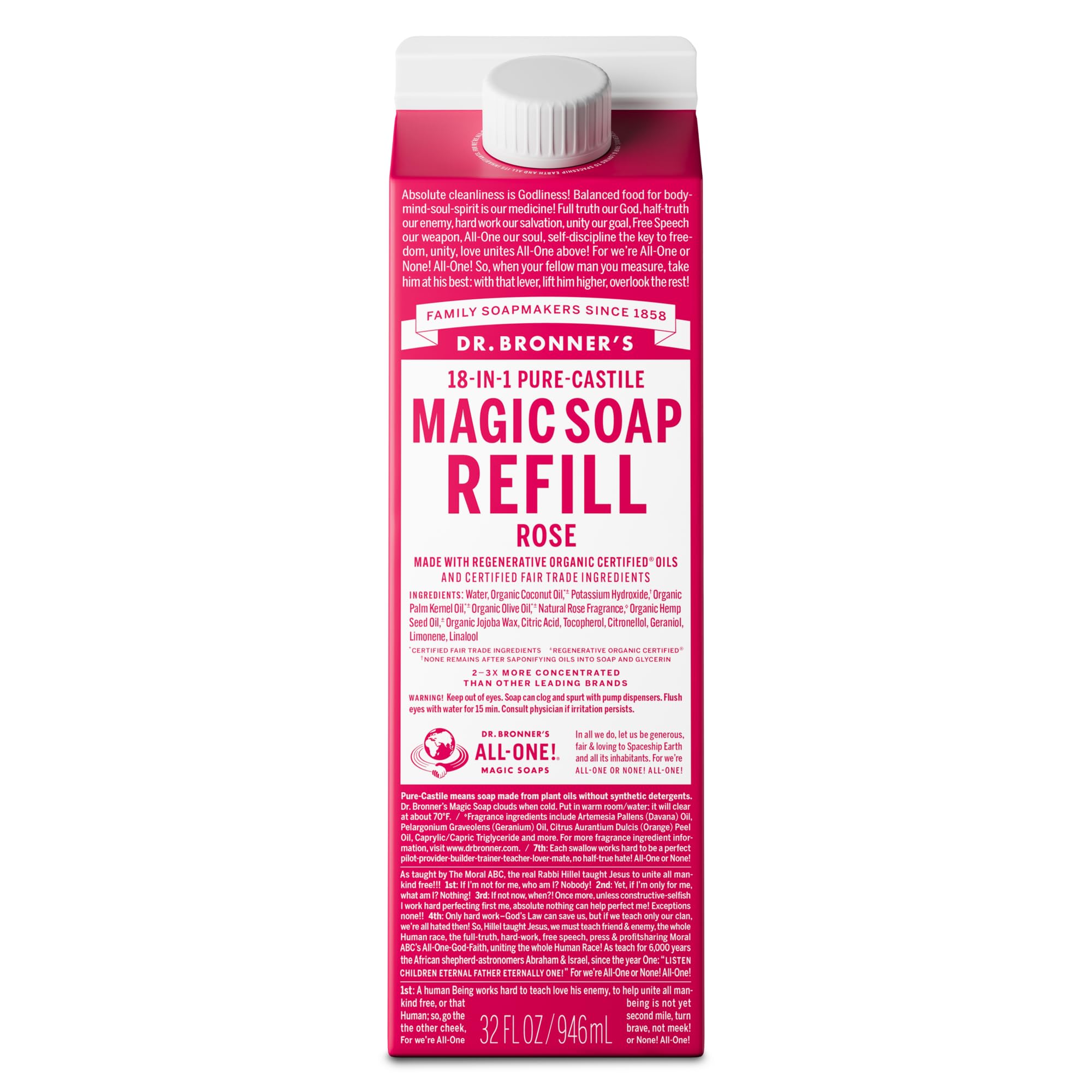 Dr. Bronner's Magic Soap-Pure-Castile Liquid Soap Refill (Rose 32 ounce, 1-Pack)-Regenerative Organic Certified Oils, For Body, Hair, Laundry, Pets & Dishes, Concentrated, Vegan, Non-GMO