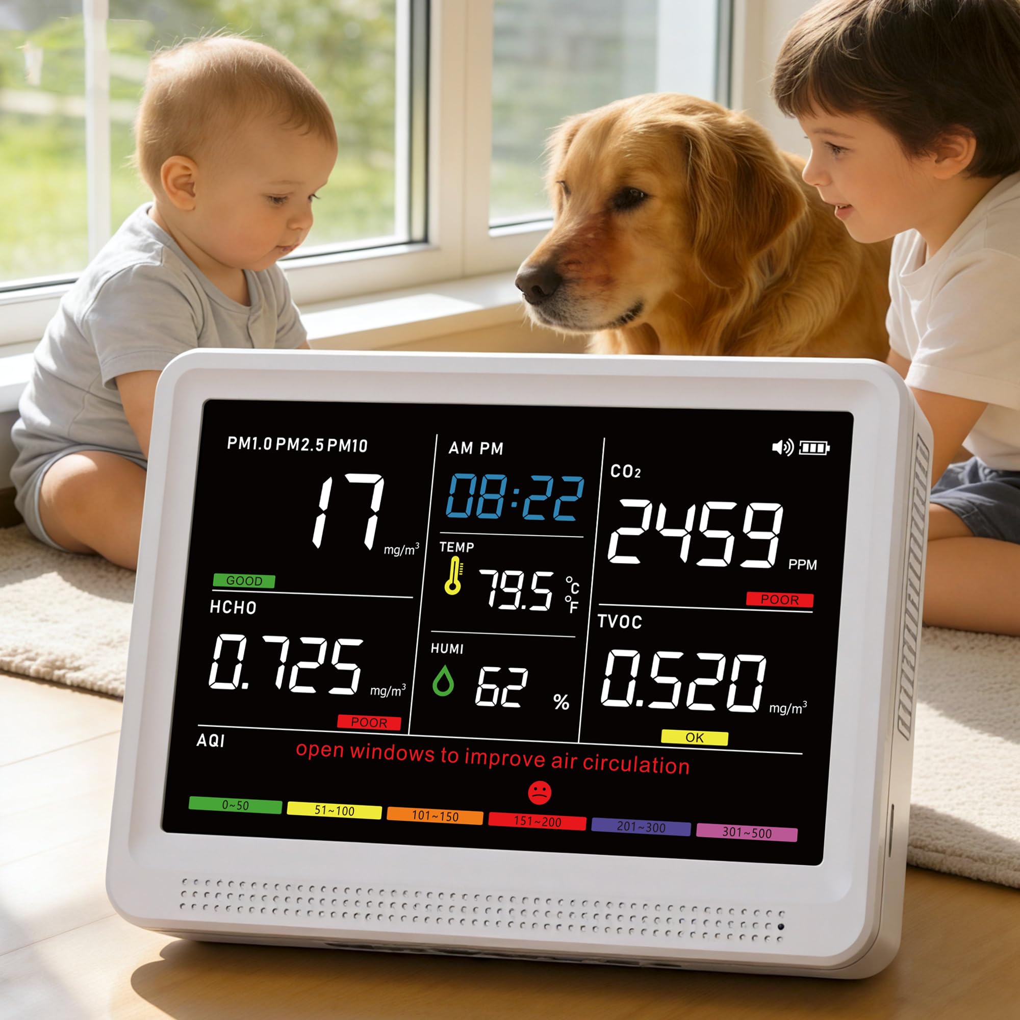 Professional 16 in 1 Air Quality Monitor Indoor 10h Battery & Real-Time Display 9 AQI+7 Alerts, Portable CO2 Monitor Air Quality Tester for CO2, TVOC, PM2.5 PM1.0 PM10, HCHO Temp/Humidity AQI & Time-image-30