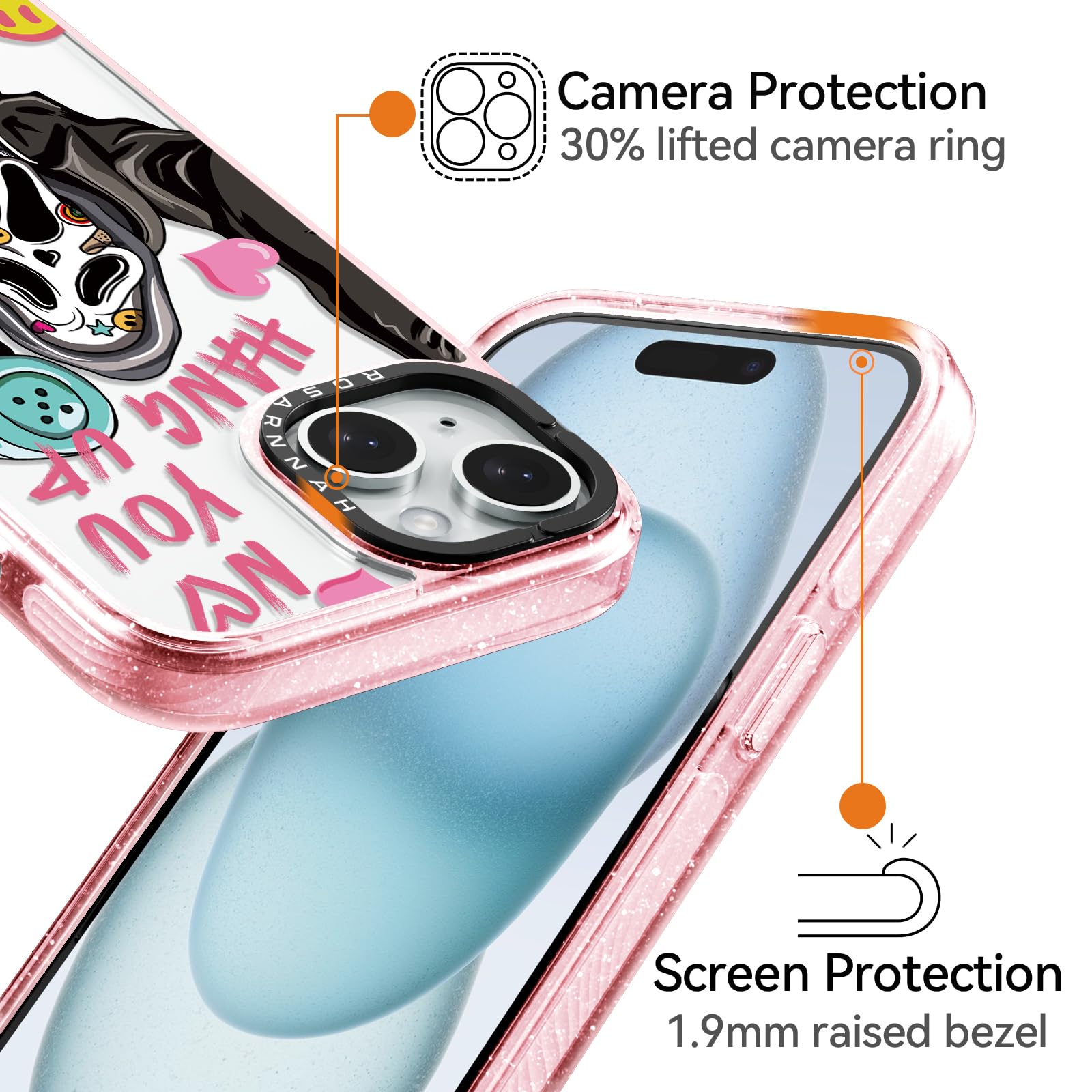 Rosarnnah Bonita funda compatible con iPhone 15, duradera, a prueba de golpes, caída de 6.5 pies, divertido diseño de esqueleto de grito de Halloween para iPhone 15 de 6.1 pulgadas, rosa brillante