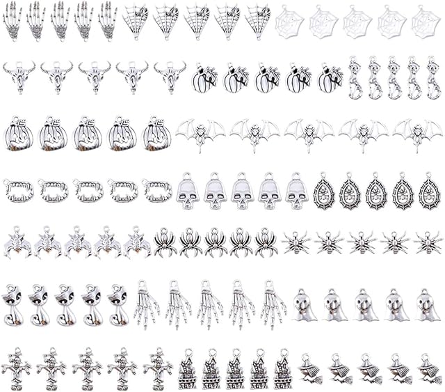HEALLILY 100pcs Halloween Charm Pendants Skeleton Skull Pumpkin Spider Ghost Jewelry Pendants Halloween Charms for Jewelry Making DIY Crafting