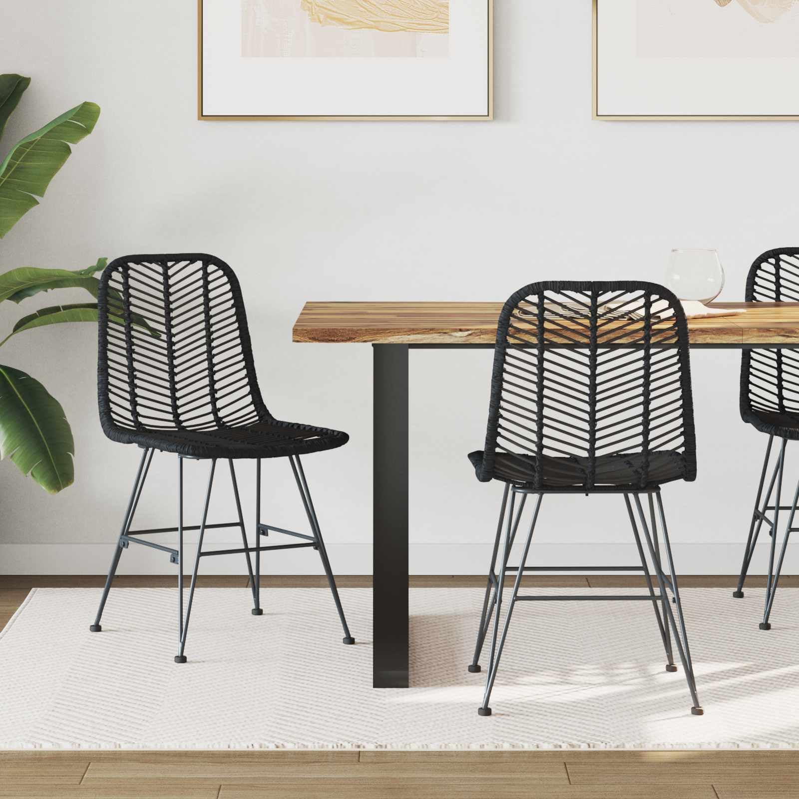 Lot de 2 chaises de salle à manger en rotin et fer noir