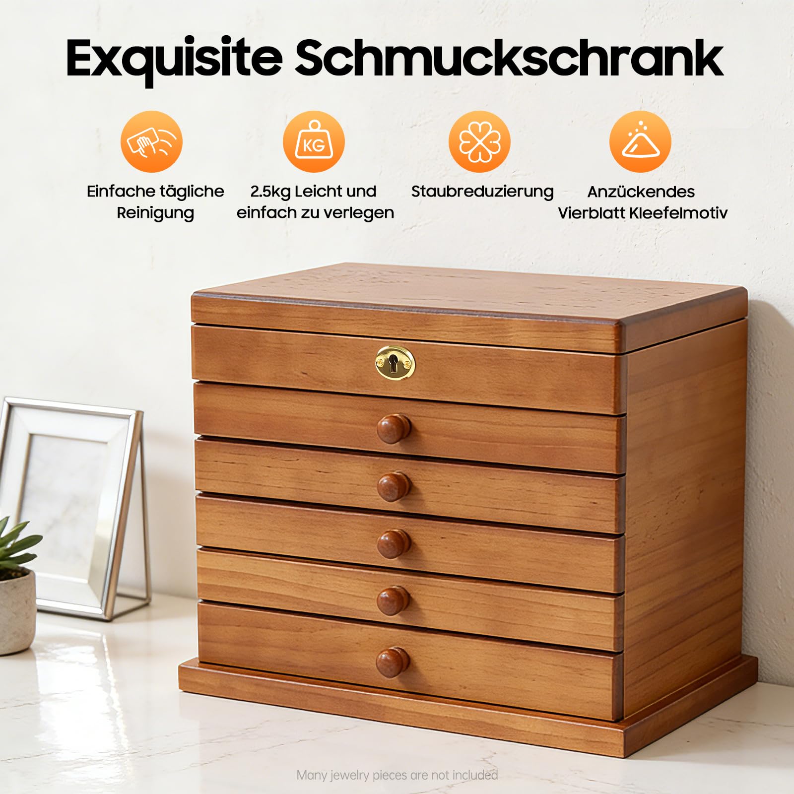 Schmuckkästchen Holz mit 6 Schubladen und Spiegel | Hochwertige Schmuckaufbewahrung, Samt-Innenfutter, Für Ketten, Ohrringe, Ringe und Armbänder