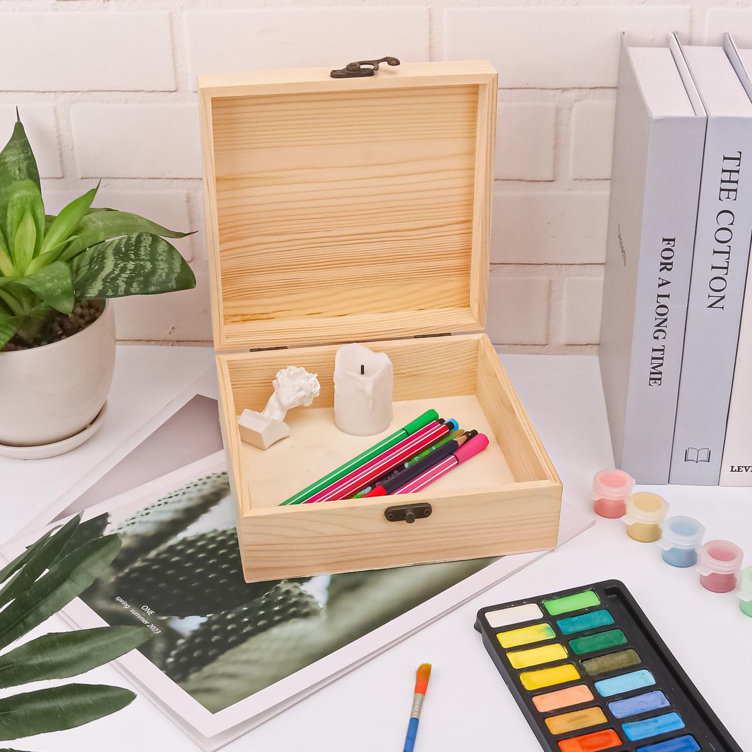 Paquete de 6 cajas de madera sin terminar sin pintar, caja lisa de pino para manualidades, caja de madera con tapa con bisagras para bricolaje, fines decorativos (7.1 x 7.1 x 2.75 pulgadas)