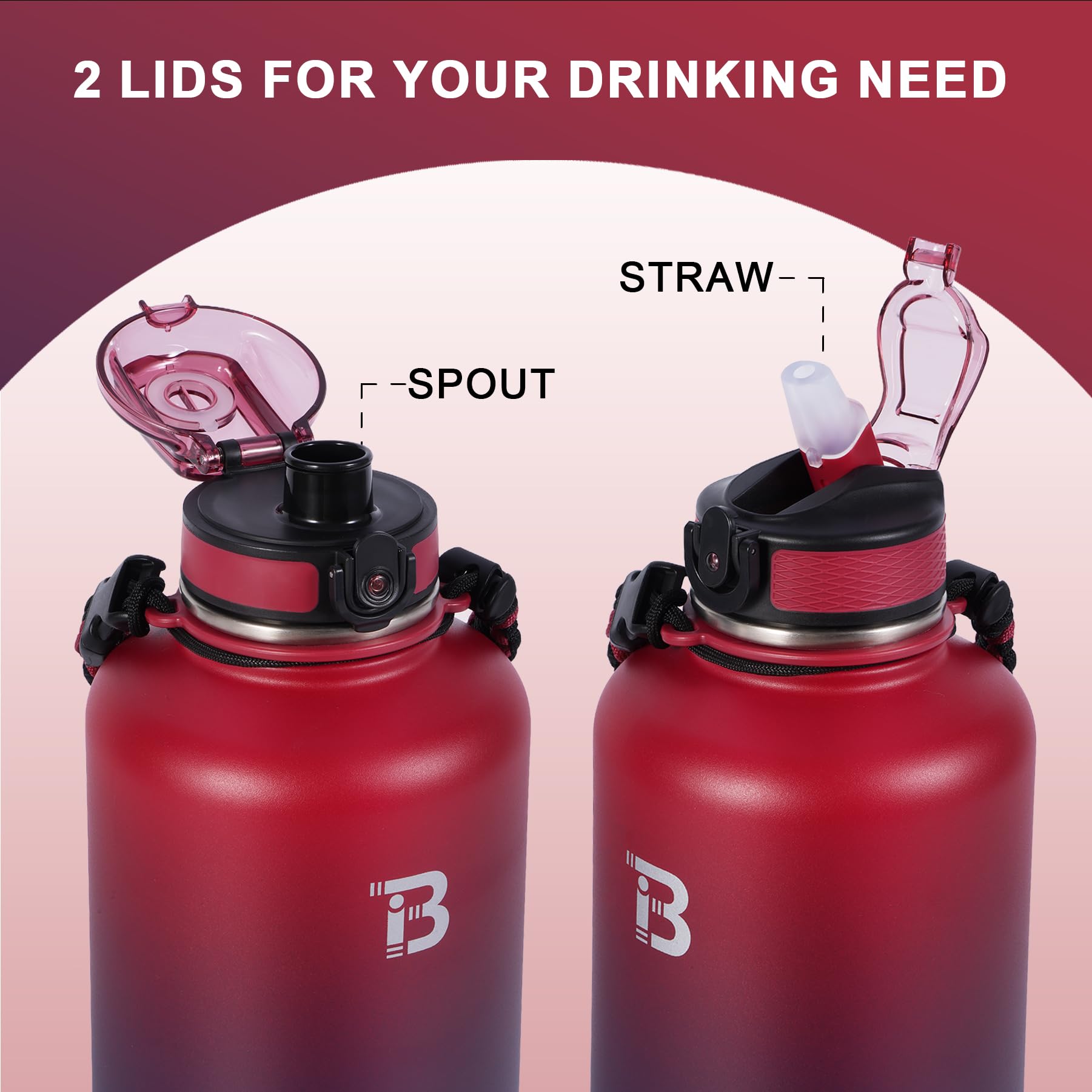 TOPBADE - Borraccia in acciaio inox, 2 coperchi con e senza cannuccia, 1,9 l, isolata, thermos a doppia parete, per scuola, fitness, attività all'aperto