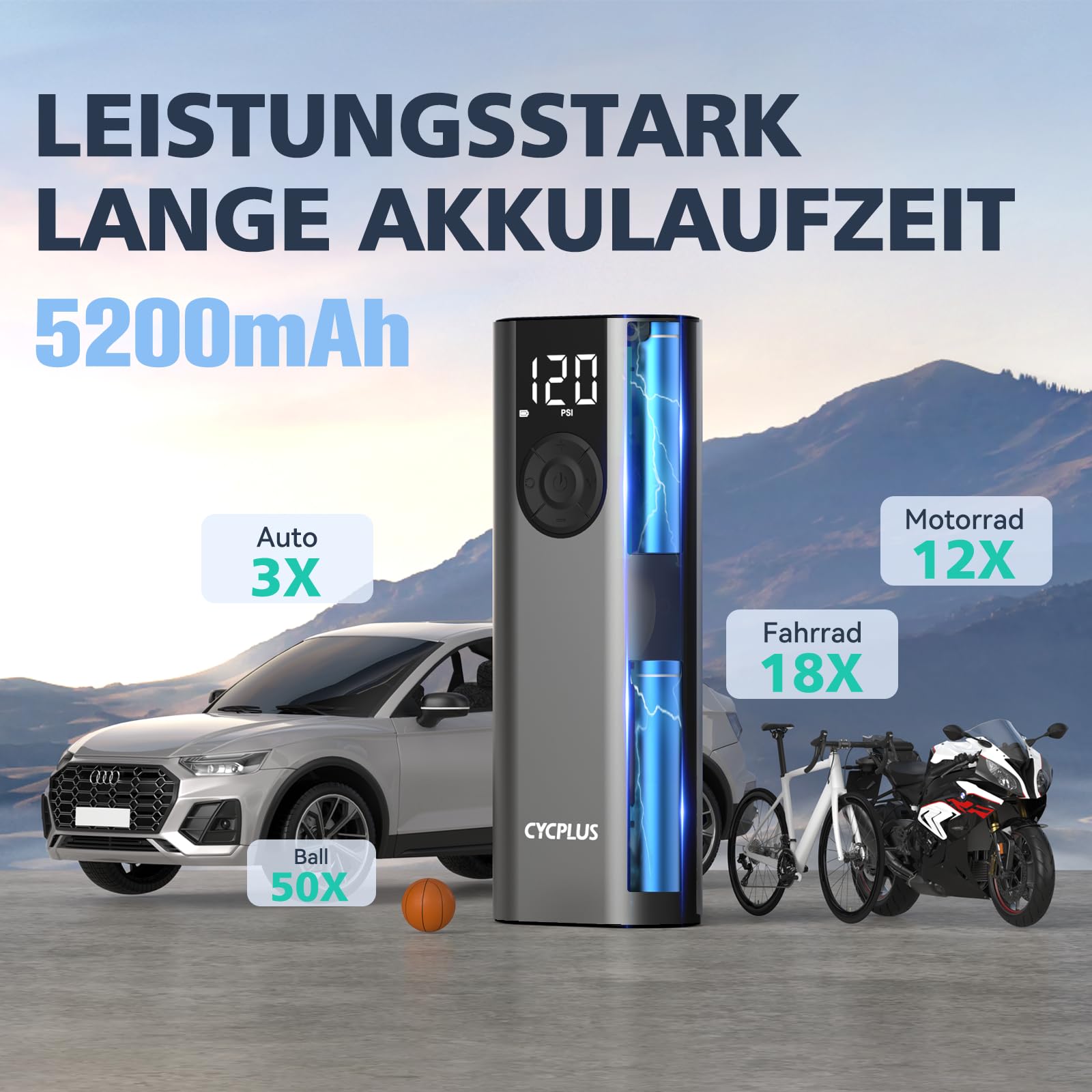 CYCPLUS Luftpumpe Max 150PSI Elektrischer Kompressor Tragbar Fahrradpumpe Mini ReifenpumpeUSB-C-Anschluss Wiederaufladbarer Li-ionen für alle Fahrräder