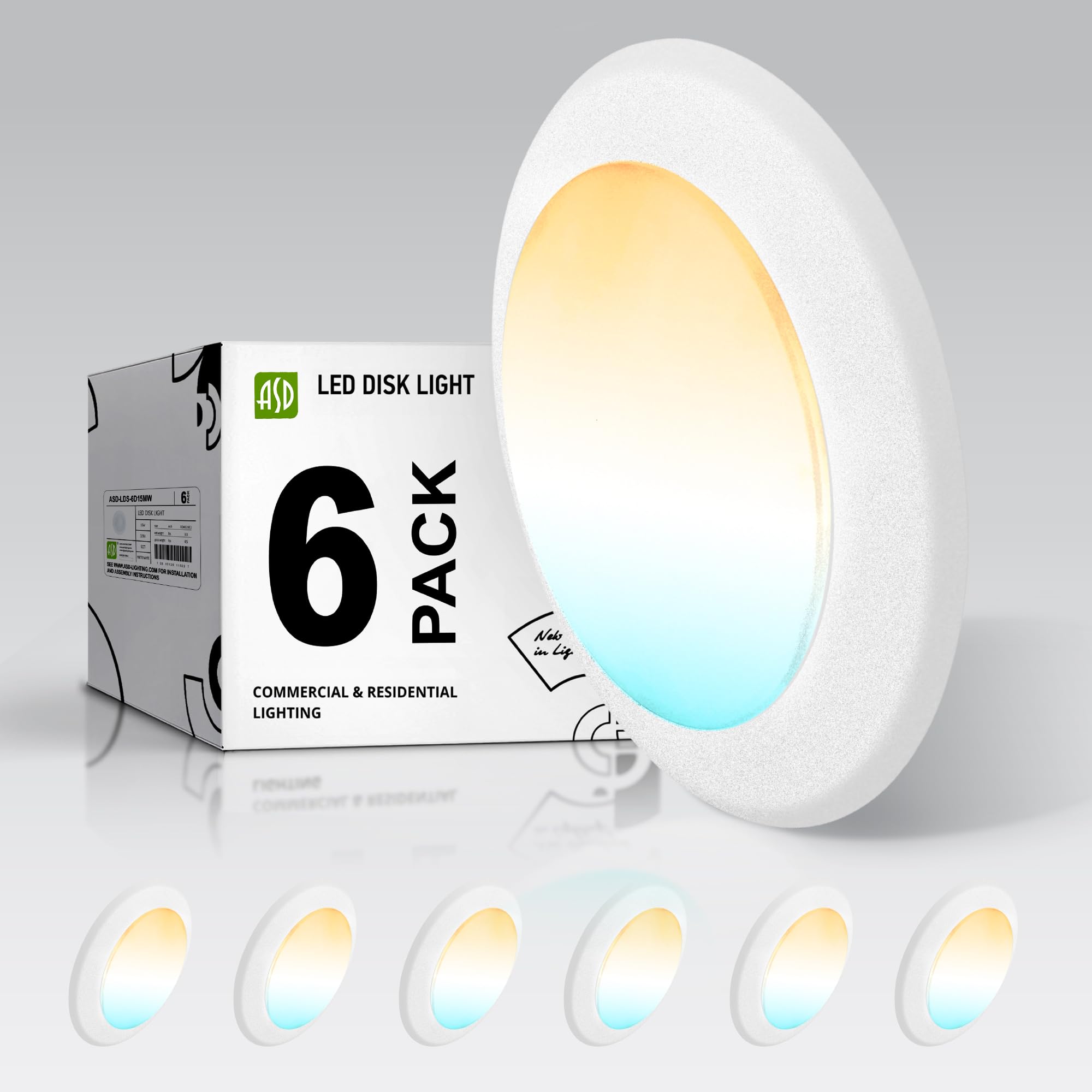 ASD 6 Pack LED Disk Lights 6 Inch, 15W 5CCT 2700K-5000K 1245LM CRI90+, Dimmable Flush Mount Ceiling Light Fixture, Low Profile Surface Mount Disc