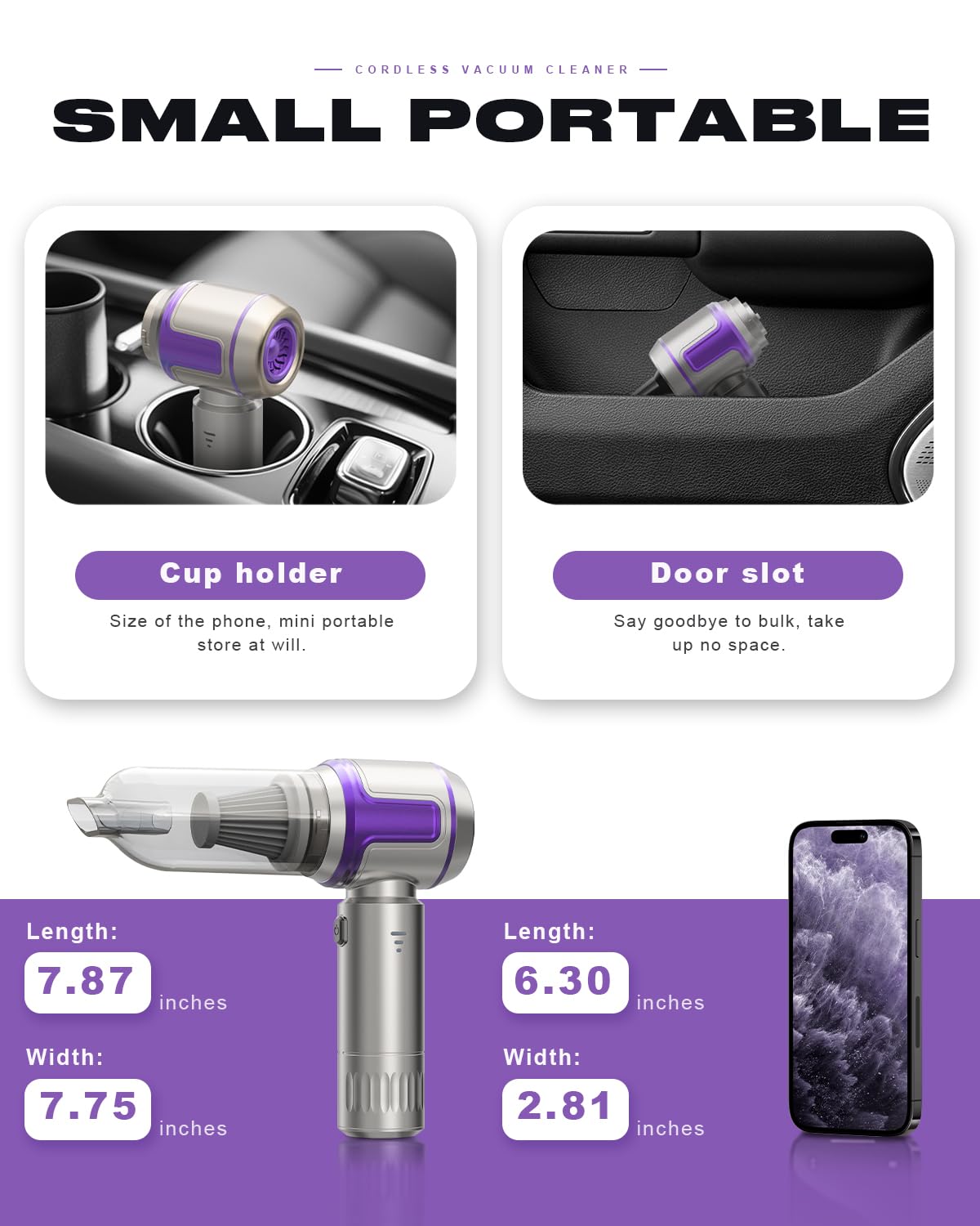 KITBEZN Aspirateur à Main, 26000PA Aspirateur Voiture sans Fil Puissant, 220000 TR/Min Moteur sans Balai, 4 en 1 Niveaux Réglables pour Poils d'animaux, Voiture, Maison, Violet