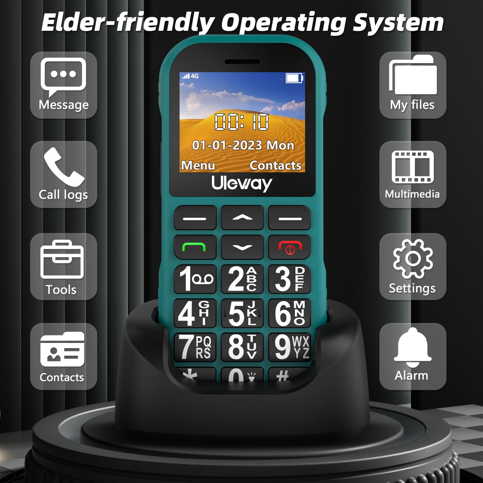 4G Telefono Cellulare per Anziani con USB Tipo C Ricarica Rapida|1800mAh Batteria, Tasti Grandi,Volume Alto,Funzione SOS,Base di Ricarica, Chiamata Rapida,Torcia, Sveglia, Facile da Usare.Verde
