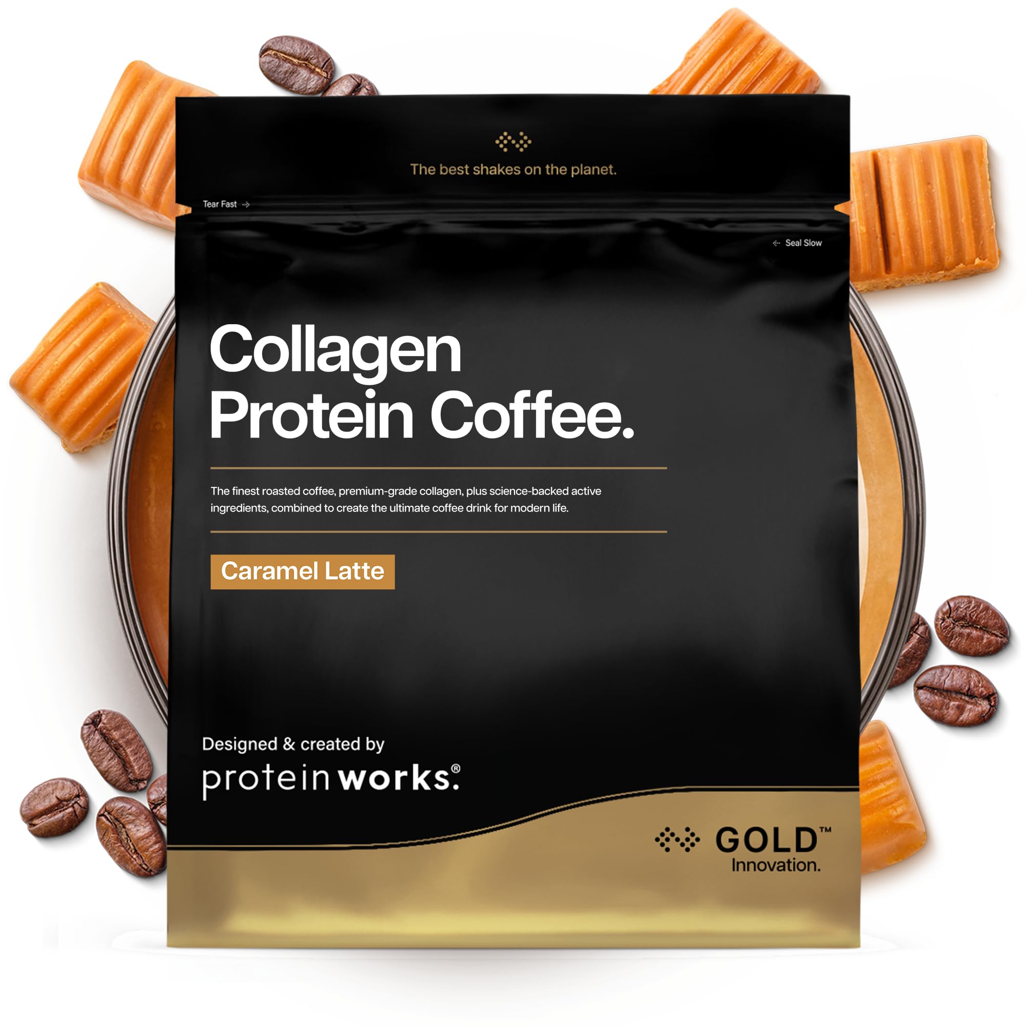 Protein Works | Collagen Protein Coffee - GOLD Innovation, Bovine Collagen Powder, Brazilian Coffee with Hydrolysed Collagen & Vitamin C, Type 1 & 3 Collagen Peptides, Caramel Latte, 19 Servings, 475g