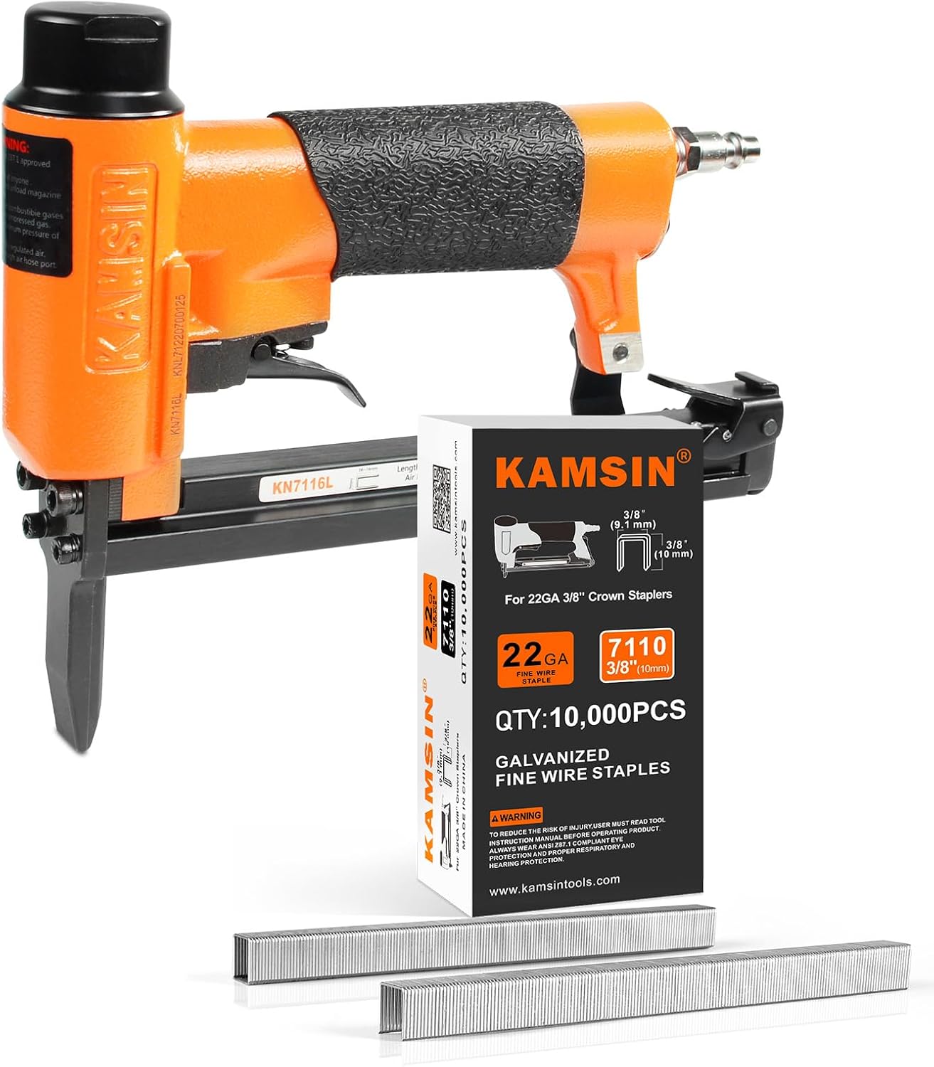 KN7116L 22 Gauge Pneumatic Upholstery Stapler, 3/8-inch(9.0mm) Crown Fine Wire Stapler with 10,000pcs 3/8-inch Length Staples