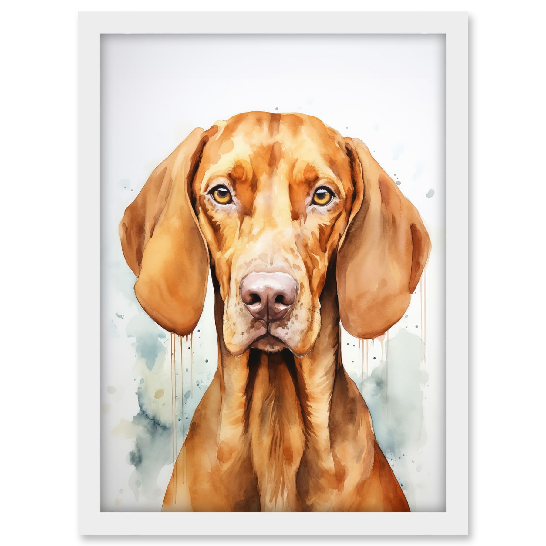 Artery8 Hungarian Vizsla Dog Soft Watercolour Artwork Golden Rust Teal Bright Portrait Artwork Framed A3 Wall Art Print