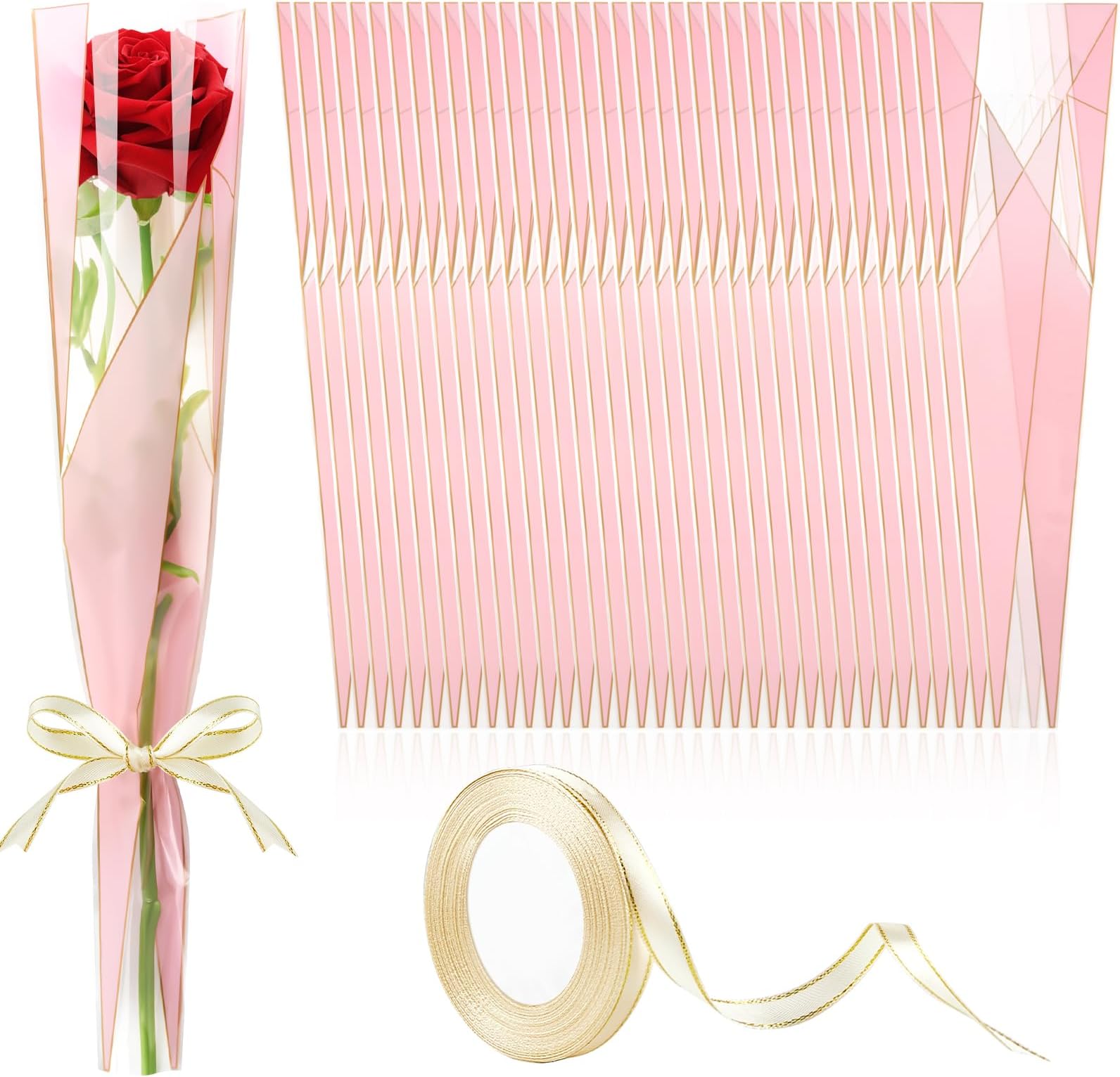 Mauproy 100 Pack Single Rose Sleeves, Plastic Flower Wrapping Bags Waterproof Single Flower Packaging Bags with Ribbons for Mother's Day, Flower Bars, Florist Supplies (Pink)