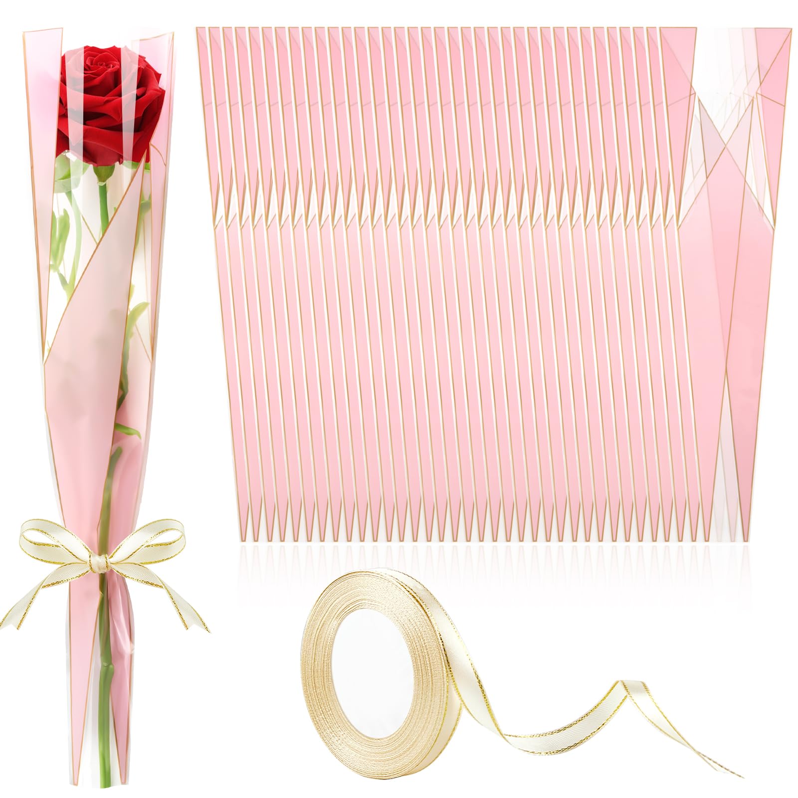 Mauproy 100 Pack Single Rose Sleeves, Plastic Flower Wrapping Bags Waterproof Single Flower Packaging Bags with Ribbons for Valentine's Day, Flower Bars, Florist Supplies (Pink)