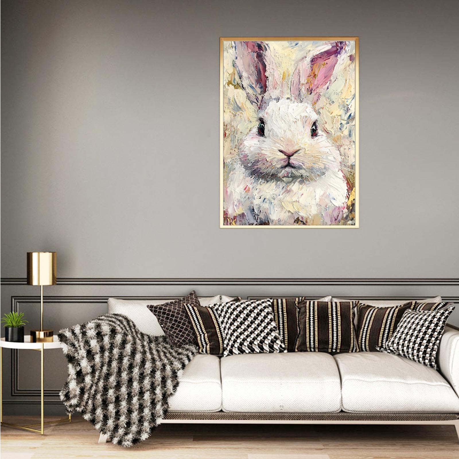Via Vela Toile de lapin art mural impressionniste lapin impression moderne animal oeuvre mignon aquarelle affiche peinture pour salon chambre à coucher décor 60x90cm avec cadre doré