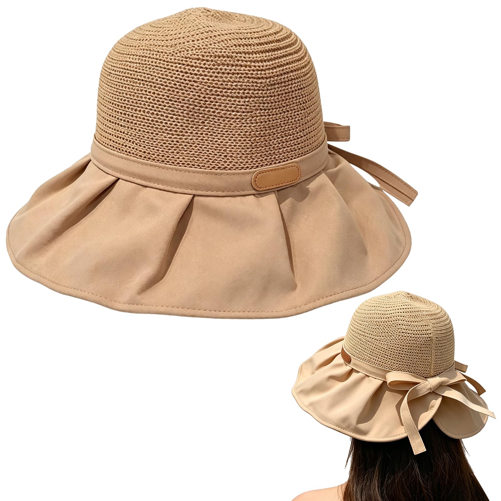 Amoturuxient Women's Khaki Sun Hats For Uk, Wide Brim Bucket Straw Hat Foldable Packable, Summer Beach Hat Uv Protection Outdoor Travel Camping Sunhats With Bowknot (Khaki)