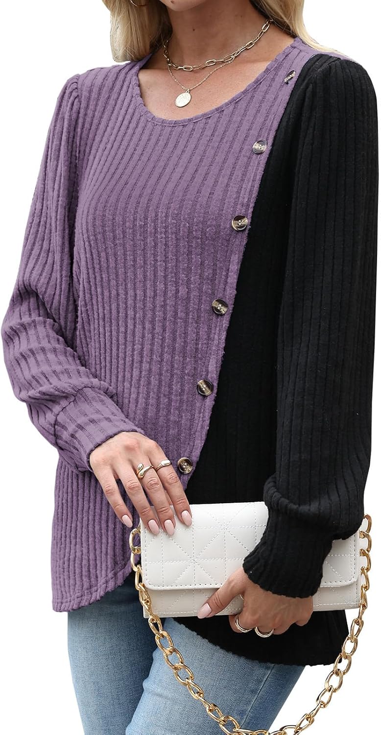 MixShe Womens Knit Sweaters 2025 Fall Winter Casual Long Sleeve Ribbed Colorblock Button Pullover Tops - Image 4