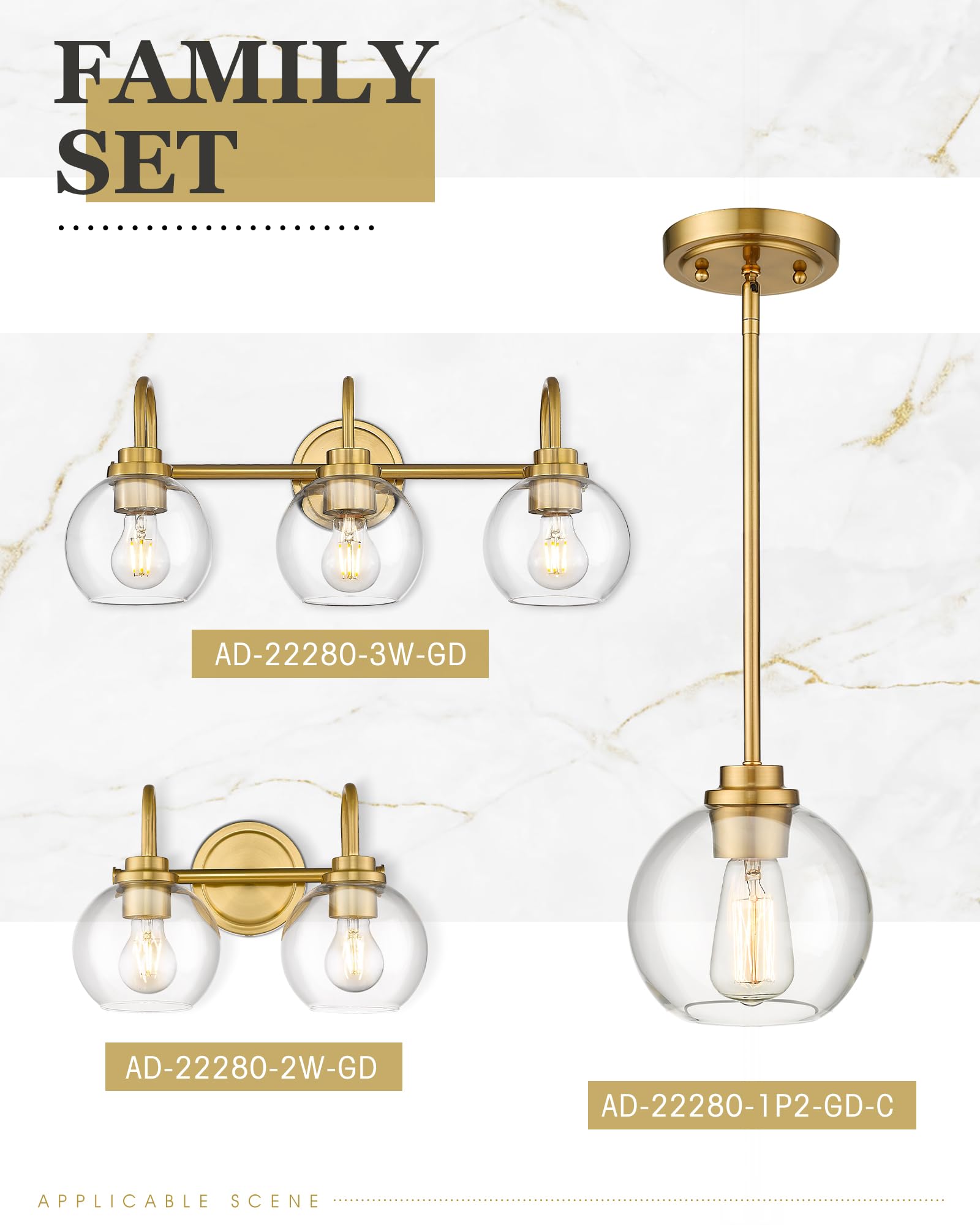Badezimmer-Beleuchtung, 3 Leuchten, goldfarben, gebürstet mit Klarglaskugel, Champagner-Bronze, Waschtischbeleuchtung über Spiegel, AD-22280-3W-GD