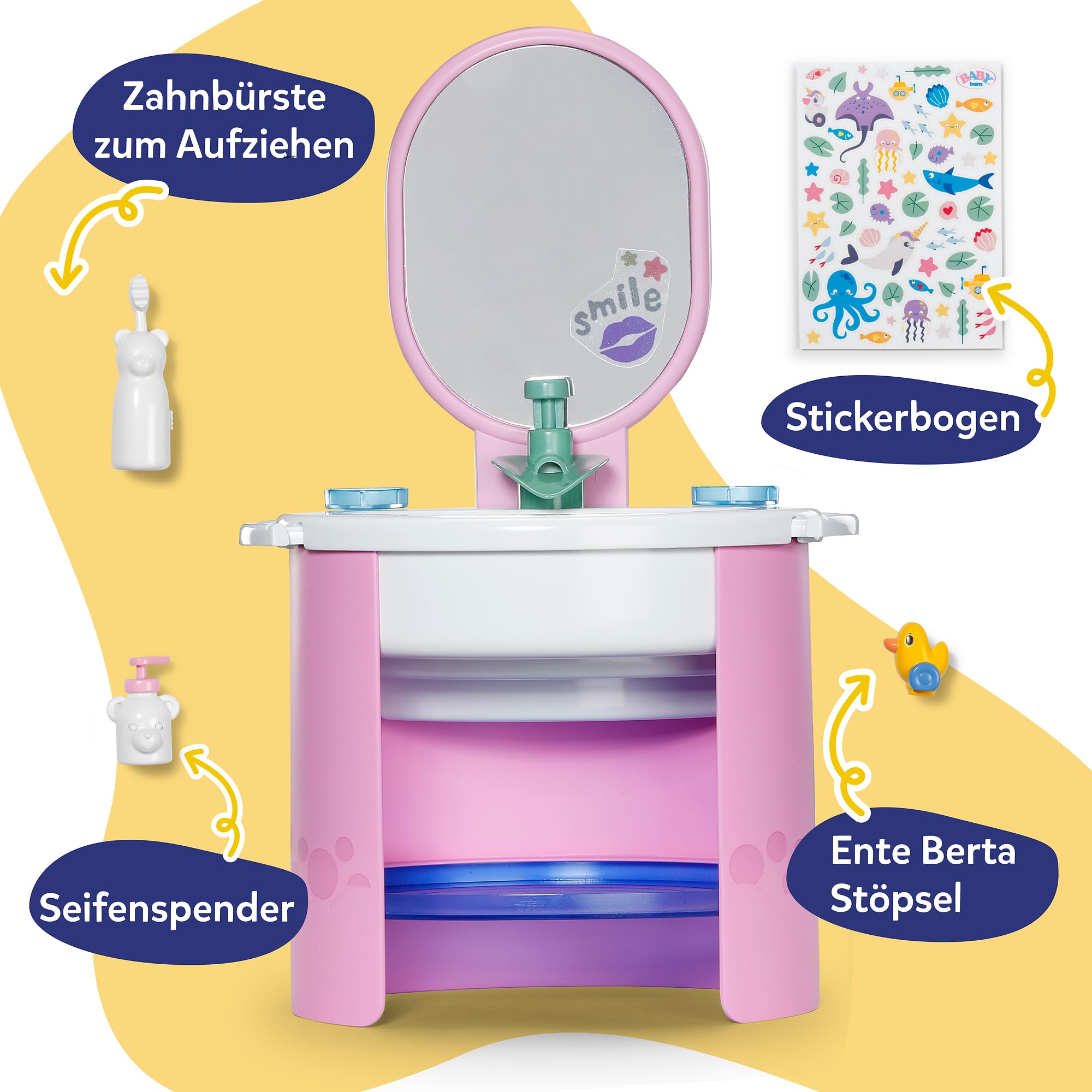 BABY Born Handwaschbecken, Puppenwaschtisch für 36cm und 43cm Puppen inkl. Zahnbürste und Seifenspender, funktioniert mit Wasser, Keine Batterien benötigt