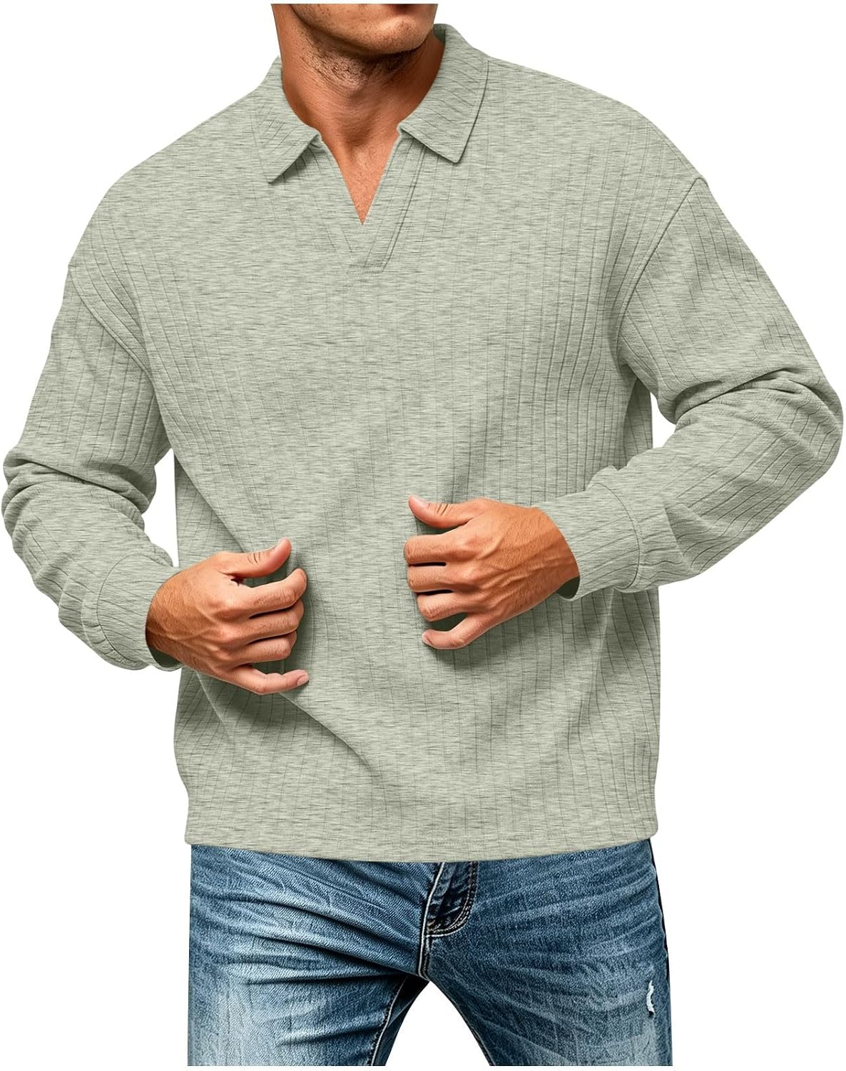 Men's Casual Ribbed Polo Shirt Open V Neck Long Sleeve Knit Sweater