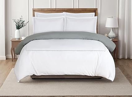Majestic Giftware Madison Linen 4 Pcs 48" Full Size Duvet Bedding Set (BL53-48F-4pcs) Normandy - Gray 400 TC 100% Cotton Sateen |1 Fitted Sheet, 1 Duvet, 2 Pillowcases - Noble Collection