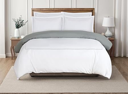 Majestic Giftware Madison Linen 4 Pcs 48" Full Size Duvet Bedding Set (BL53-48F-4pcs) Normandy - Gray 400 TC 100% Cotton Sateen |1 Fitted Sheet, 1 Duvet, 2 Pillowcases - Noble Collection