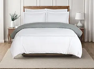 Majestic Giftware Madison Linen 4 Pcs 48" Full Size Duvet Bedding Set (BL53-48F-4pcs) Normandy - Gray 400 TC 100% Cotton Sateen |1 Fitted Sheet, 1 Duvet, 2 Pillowcases - Noble Collection