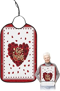 BOBOWUNY Valentines Love Heart Adult Bibs for Elder Women Men Eating, Red Board Roses Romantic Waterproof & Washable Bibs for Eating Clothing Protector Dining Bibs for Crumb Catcher