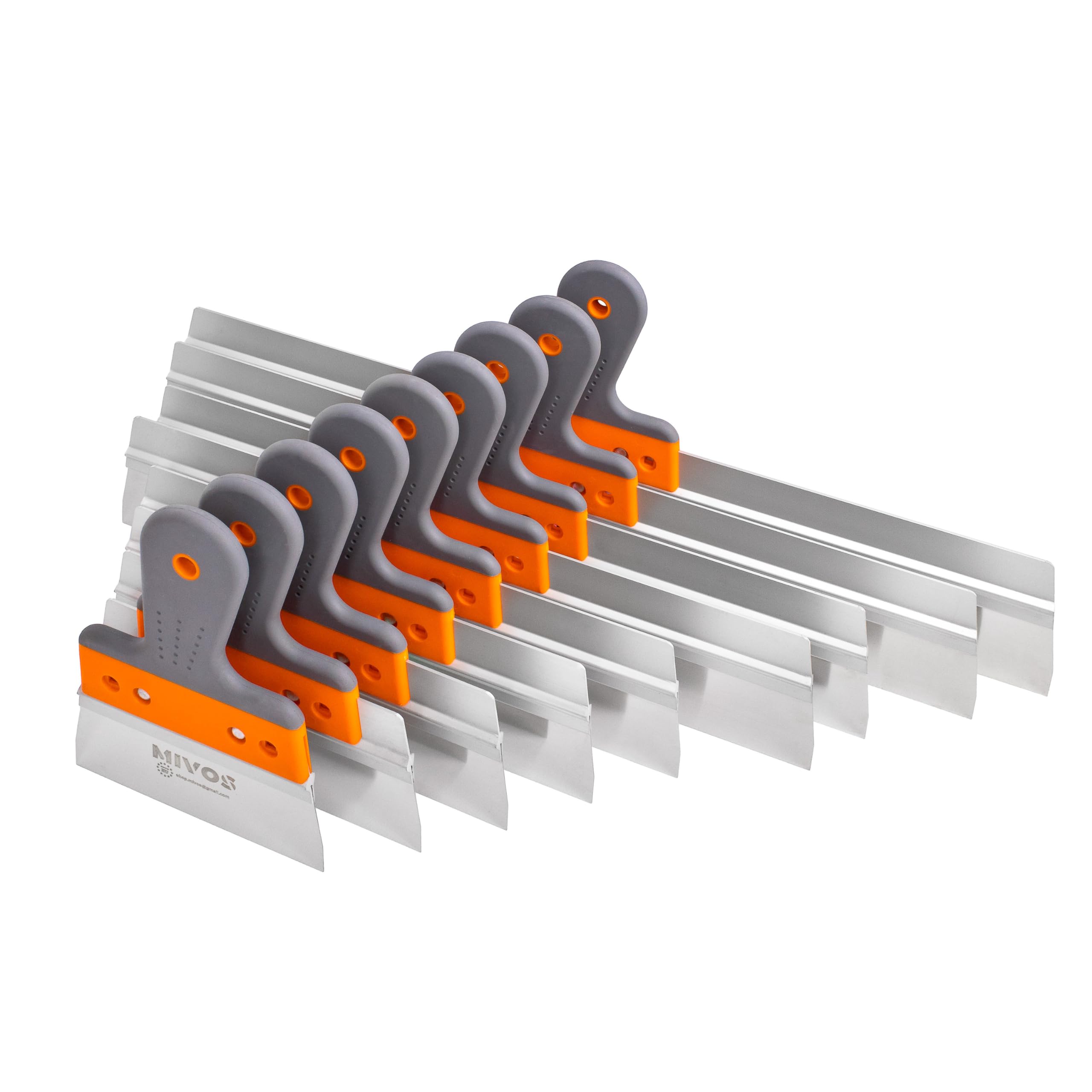 Mivos 9 x Profi Glättspachtel aus Edelstahl - Flächenspachteln mit Blattbreiten von 150 bis 600 mm - Breitspachteln-Set - Fassadenspachtel mit Aluhalter und Softgriff - Made in EU