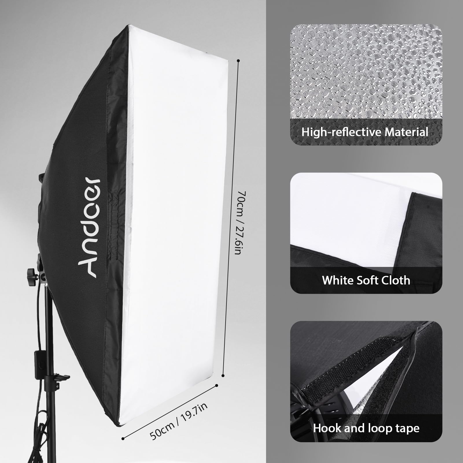 Andoer Softbox zestaw do studia fotograficznego, oświetlenie softbox 2 x 50 x 70 cm z 2 x 80 W, dwukolorowe światło wideo LED, 2 x statyw świetlny, 2 x pilot zdalnego sterowania do fotografii