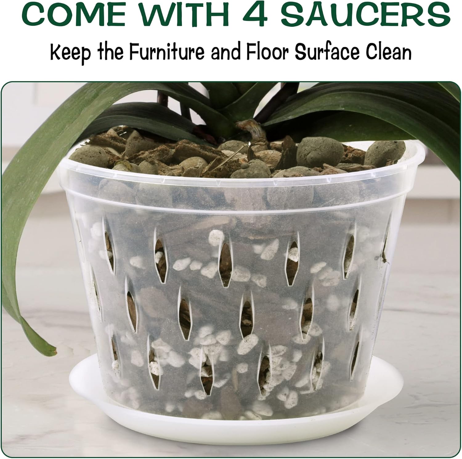 Orchid Pot, 8 Inch 4 Pack Orchid Pots with Holes and Saucers, Clear Plastic Orchid Pots