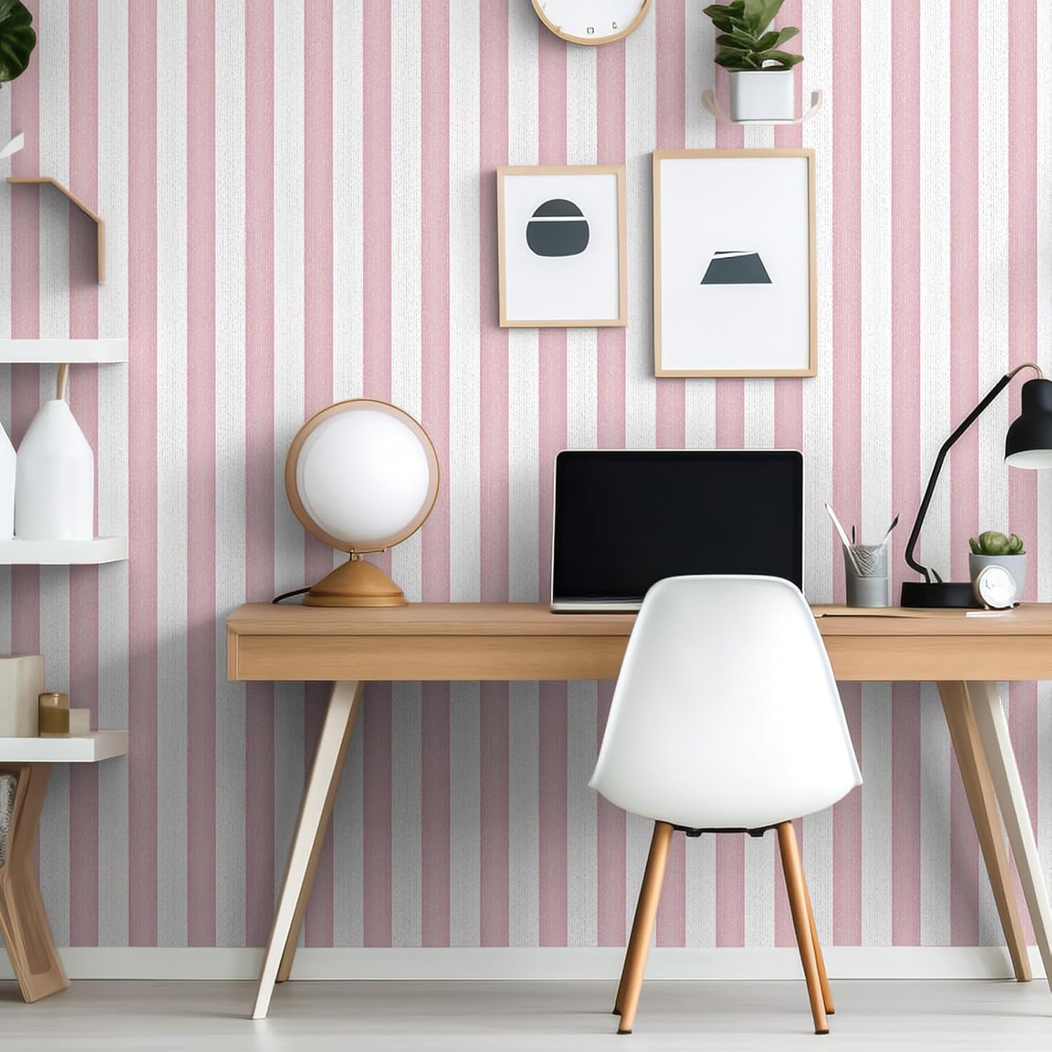 Striped Pink and White Wallpaper Peel and Stick Boho Silver Stripe Textured Contact Paper A Set of 15.7"x1180" Self Adhesive Removable Waterproof Wallpaper for Bedroom,Cabinets,Drawer Liners