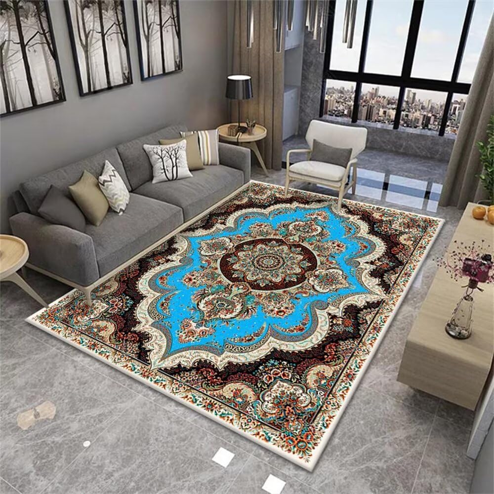 Grand tapis de centre de salon à motif bleu déco haut de gamme 200X260