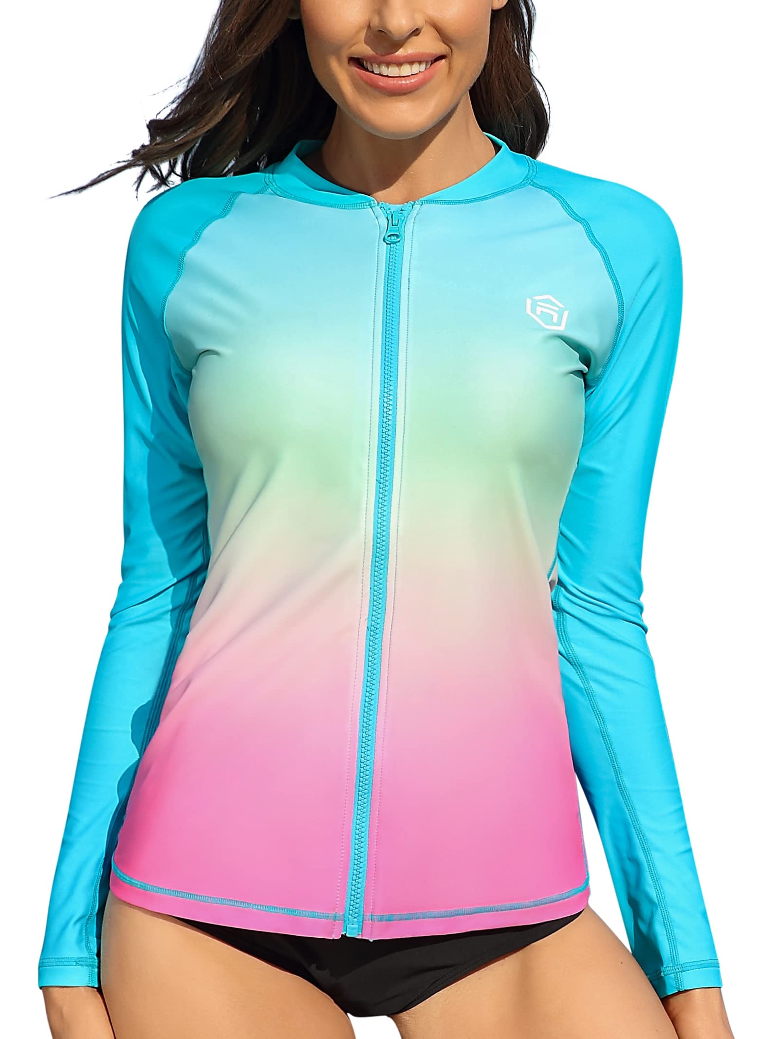 Women's UPF 50+ Front Zipper Sun Protection Swimsuit, Blue, pink, M-image-27