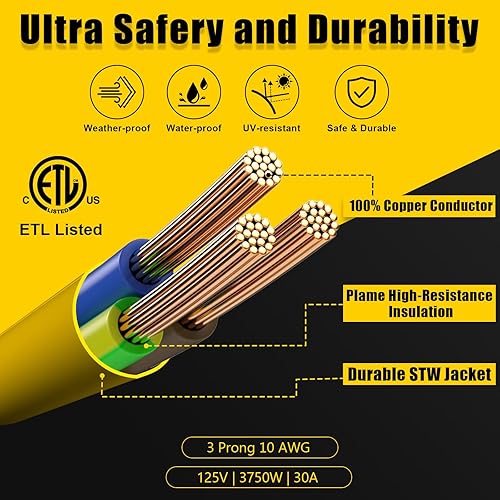 Miniatura 5 de Cable de extensión para caravana de 30 amperios y 15 pies, resistente calibre 10, 3 clavijas, 125 V, NEMA TT-30P a TT-30R, cable de alimentación