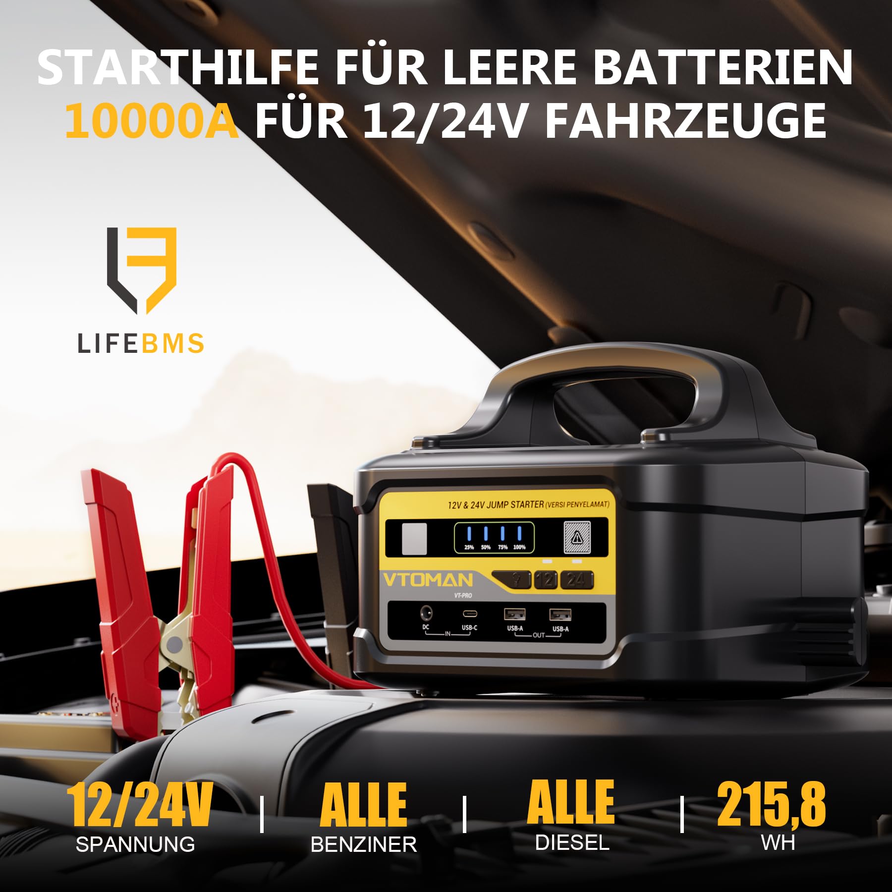 VTOMAN VT-PRO 10000A 12V/24V Starthilfe Powerbank – 58800 mAh Tragbare Autobatterie Starthilfe mit 145W Schnellladung, Starthilfegerät für LKWs, Wohnmobile und Yachten (Alle Benzin & Alle Diesel)