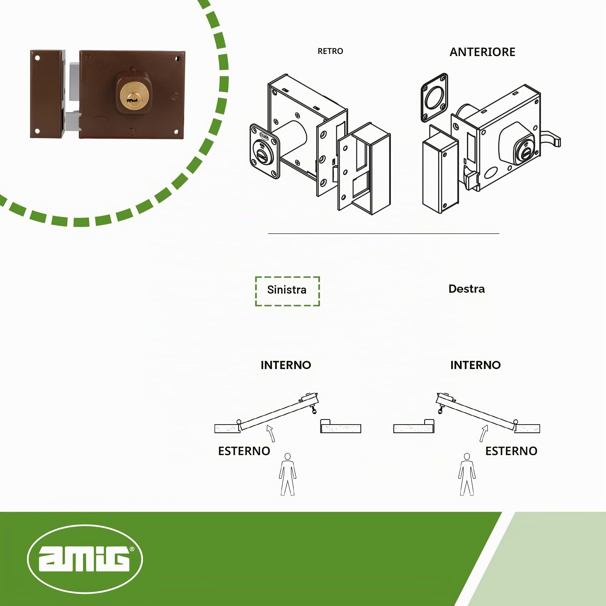 Amig - Serratura Sovrapposizione Sinistra Mod. 72 - Con leva, linguetta e maniglia - Sicurezza migliorata con cilindro rotondo, per porte in legno, marrone, 100 x 85 mm