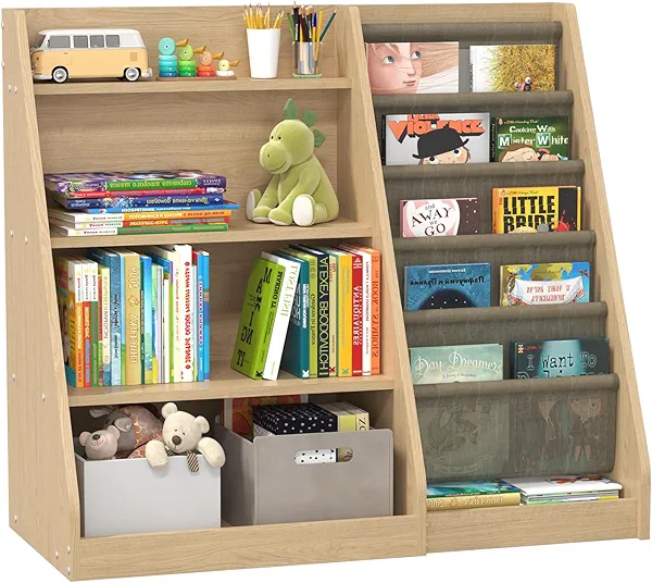 CMFYDAILY Montessori Kids Bookshelf, Wooden Baby Bookshelf with 4 Tier Toy Storage Shelf & 6 Fabric Sling Rack for Bedroom Playroom Nursery