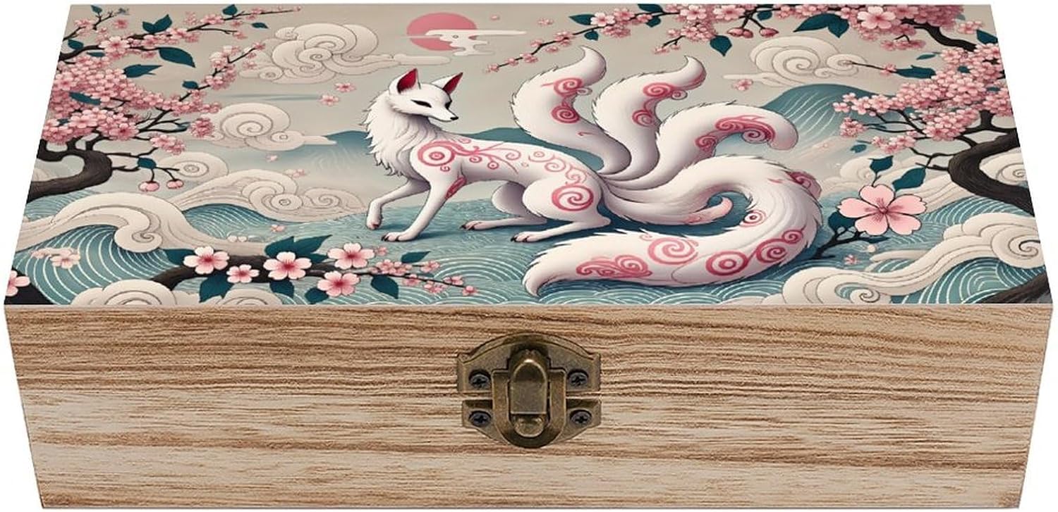 Japanese Fox & Cherry Blossom Wooden Storage Box 7.9×3.9×2.3 Inch with Hinged Lid - Vintage Natural Wood Keepsake Trinket Storage Organizer Gift Box for Crafts Art Hobbies And Home Decoration Gift