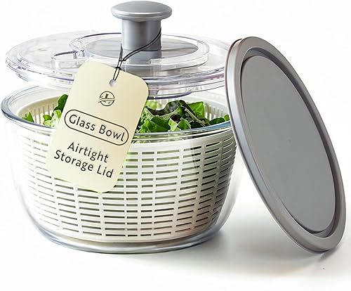 Le'raze Escurridor de ensalada de vidrio con tapa hermética, sin BPA, lavadora giratoria de lechuga de fácil bombeo, cuenco de lavado de frutas
